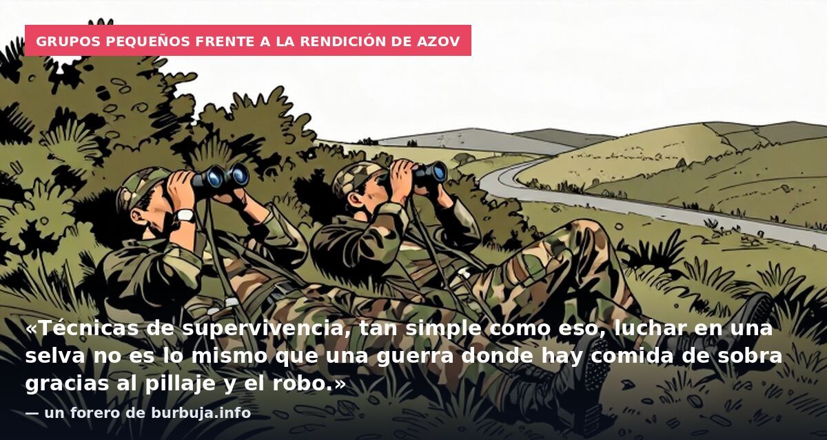 Grupos pequeños frente a la rendición de Azov: «Técnicas de supervivencia, tan simple como eso, luchar en una selva no es lo mismo que una guerra donde hay comida de sobra gracias al pillaje y el robo.» — un forero de burbuja.info