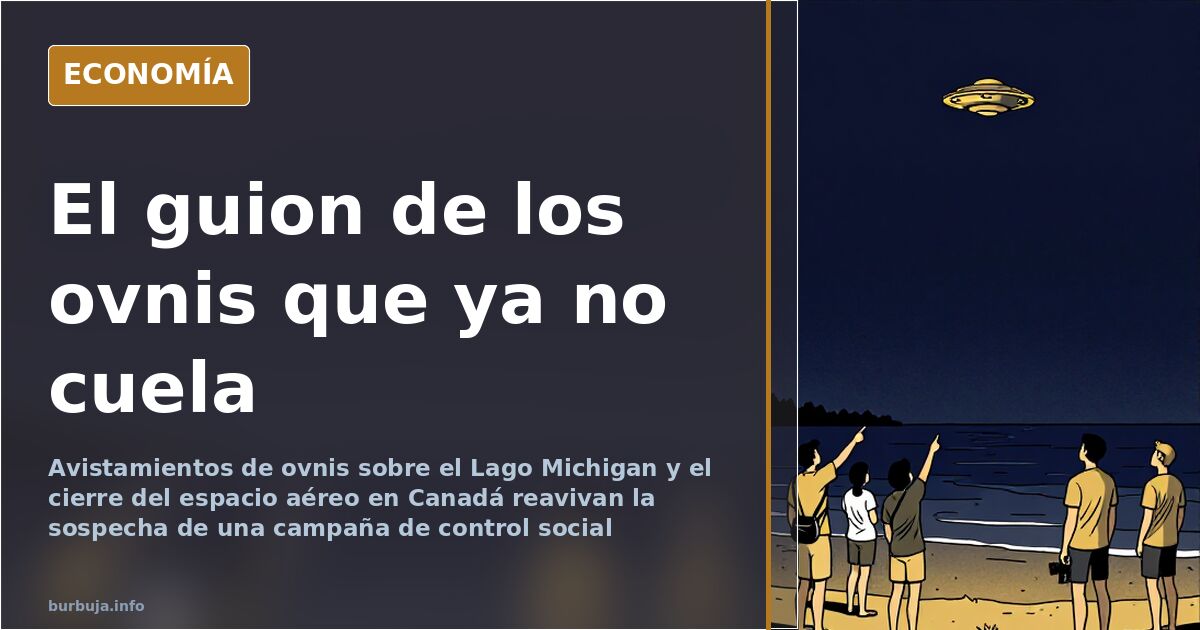 Ilustración editorial de un ovni sobre un lago con el espacio aéreo cerrado y un globo espía al fondo