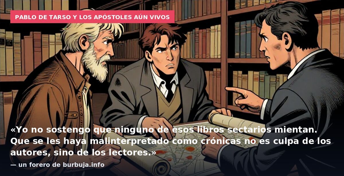 Pablo de Tarso y los apóstoles aún vivos: «Yo no sostengo que ninguno de esos libros sectarios mientan. Que se les haya malinterpretado como crónicas no es culpa de los autores, sino de los lectores.» — un forero de burbuja.info