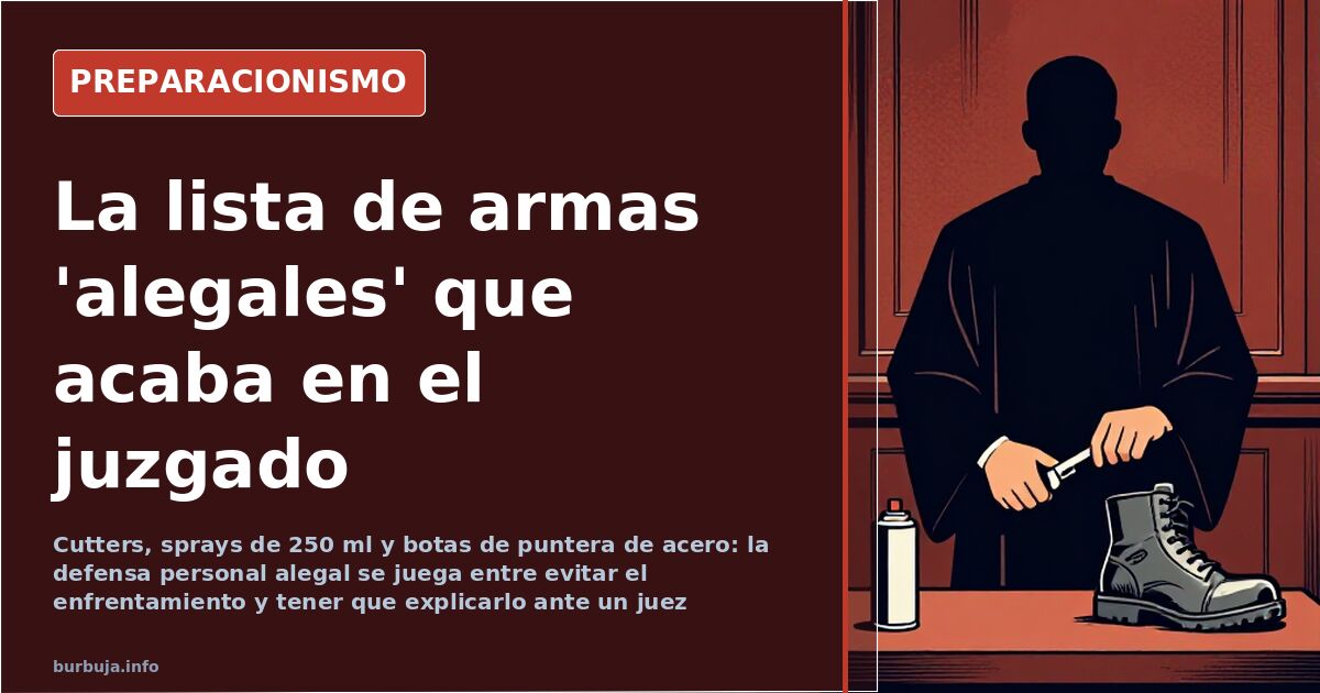 Objetos cotidianos usados en defensa personal alegal: cutter, bote de spray, mosquetón y linterna sobre una superficie
