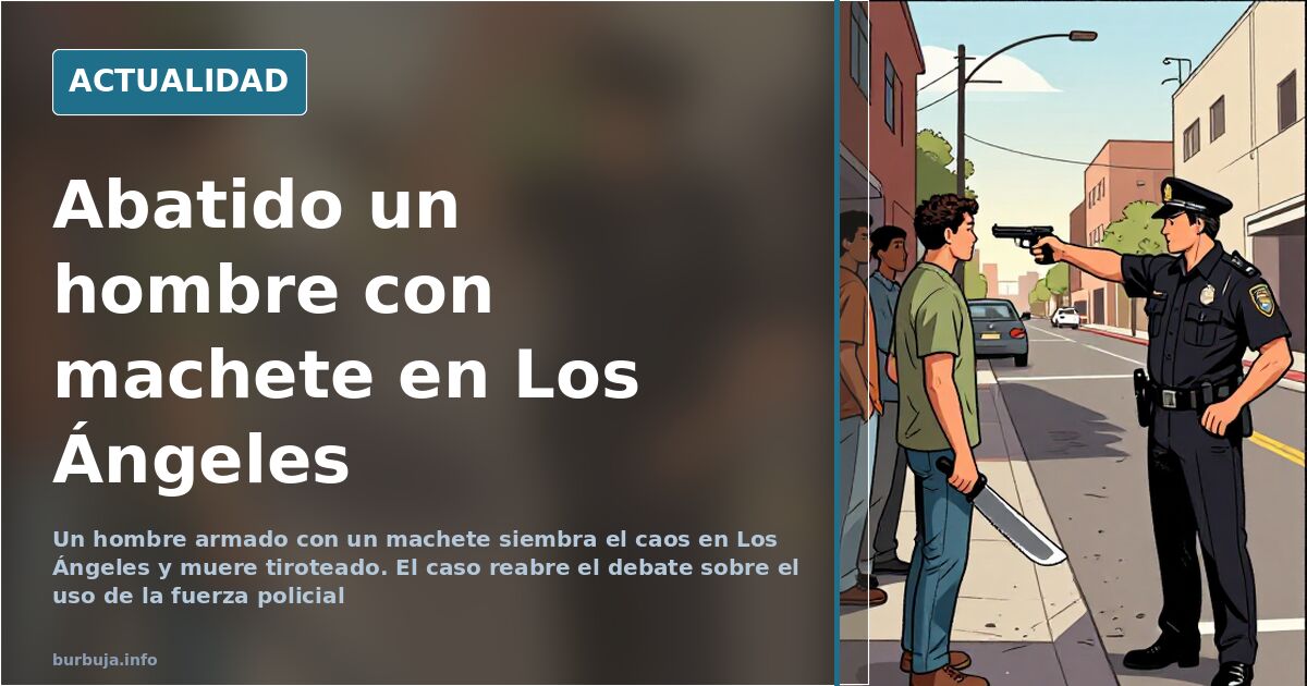 Ilustración editorial de una calle de Los Ángeles con agentes de policía y un hombre armado con un machete