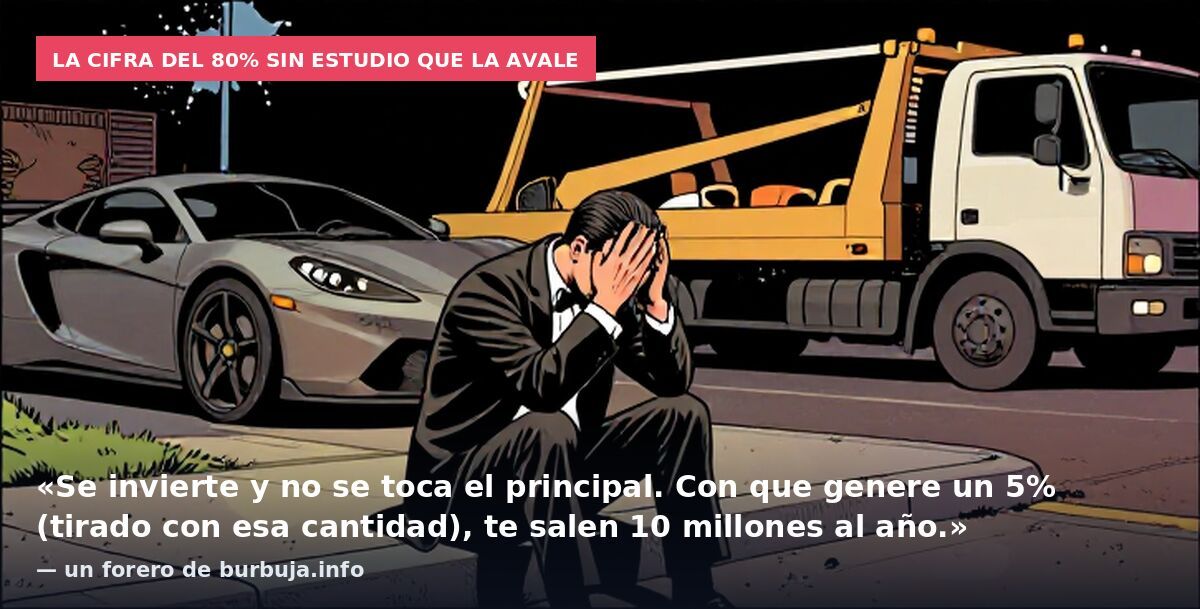 La cifra del 80% sin estudio que la avale: «Se invierte y no se toca el principal. Con que genere un 5% (tirado con esa cantidad), te salen 10 millones al año.» — un forero de burbuja.info