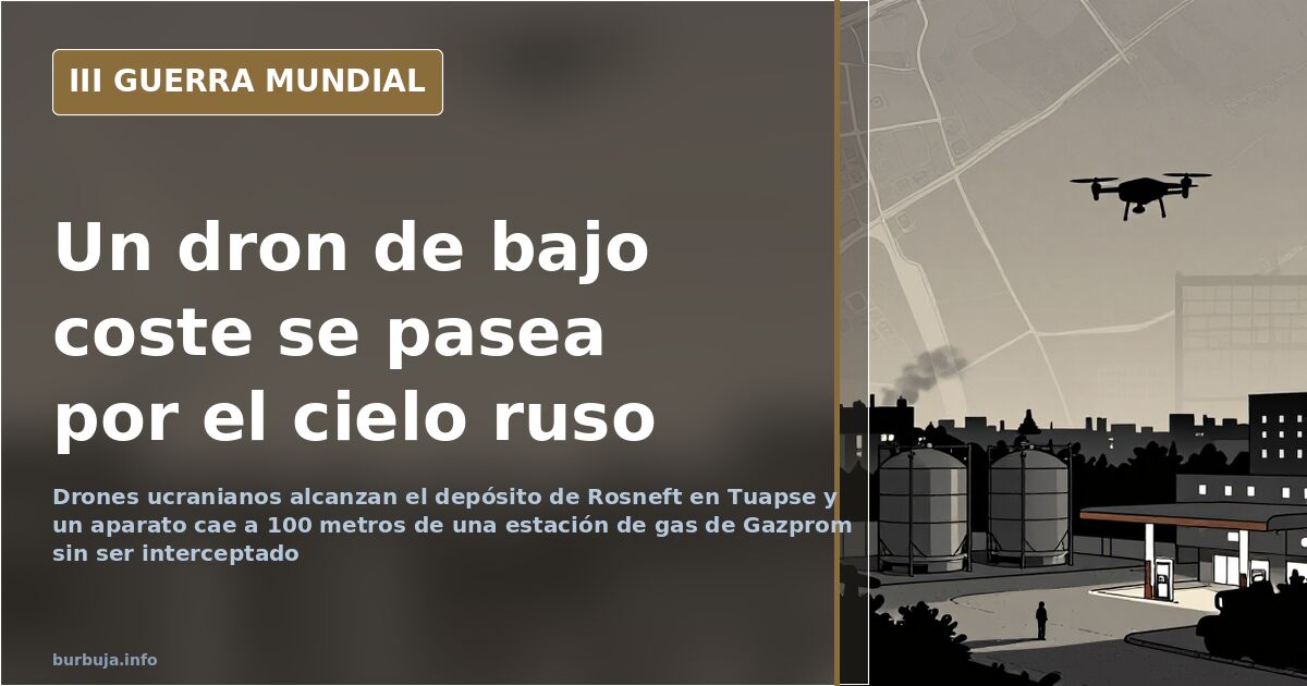 Silueta de un dron kamikaze UJ-22 sobre un mapa de Rusia occidental con una columna de humo en el horizonte