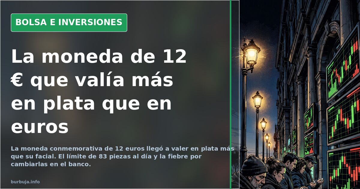 Monedas de plata de 12 euros del Banco de España apiladas ante gráficos de cotización en una pantalla oscura