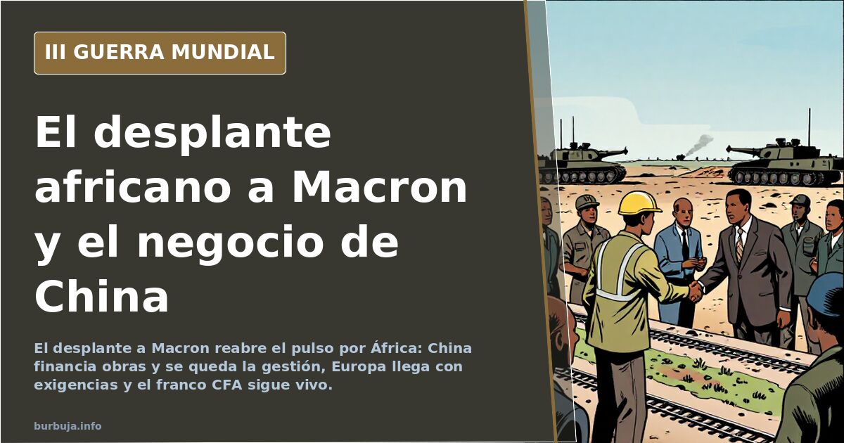 Emmanuel Macron en una cumbre con líderes africanos, con un mapa del continente y siluetas de infraestructuras al fondo