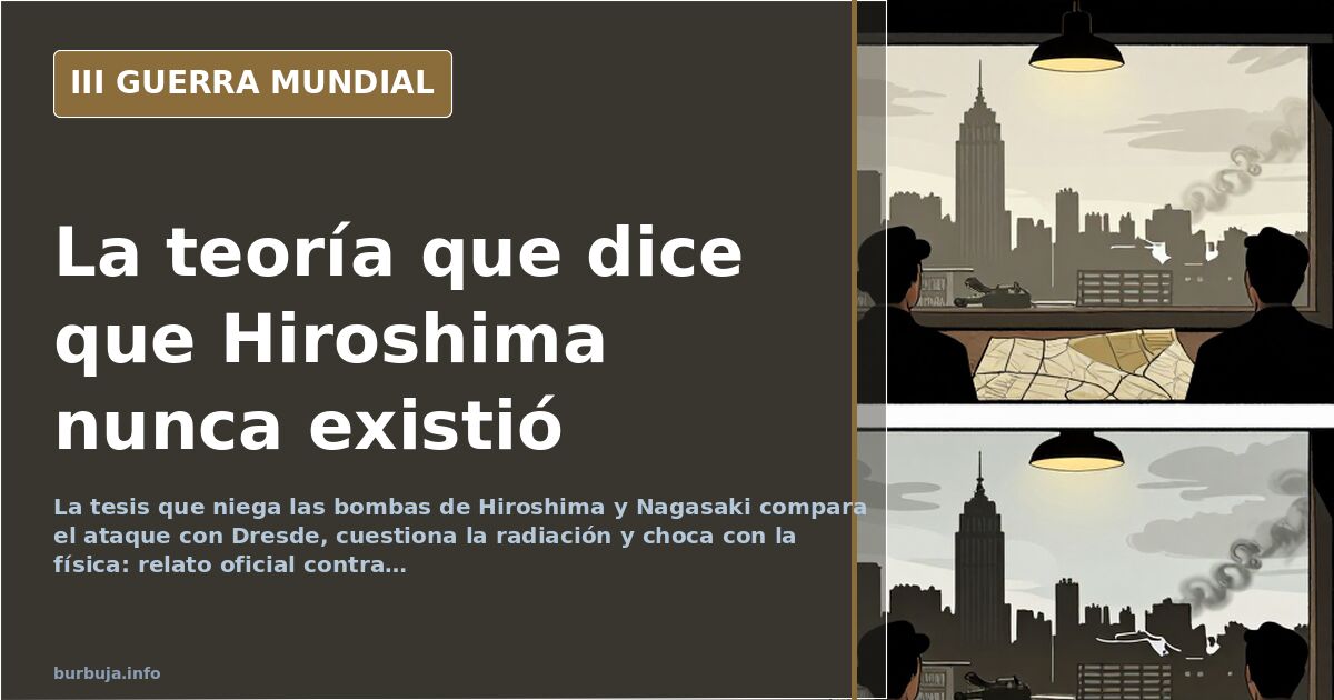 Ilustración documental desaturada de una ciudad en ruinas con hongo nuclear al fondo y siluetas de bombarderos en el horizont