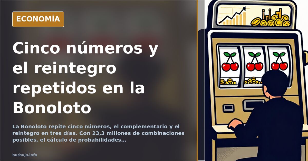 Ilustración editorial de un bombo de lotería con bolas numeradas y gráficos de probabilidad en azul marino y dorado