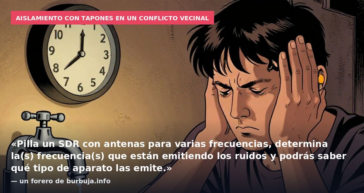 Aislamiento con tapones en un conflicto vecinal: «Pilla un SDR con antenas para varias frecuencias, determina la(s) frecuencia(s) que están emitiendo los ruidos y podrás saber qué tipo de aparato las emite.» — un forero de burbuja.info