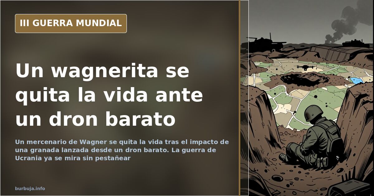 Silueta de un dron comercial sobre una trinchera en la guerra de Ucrania, con humo lejano y mapas del frente del este