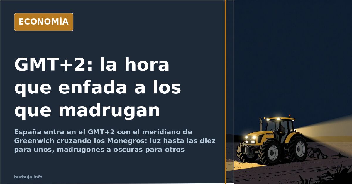 Reloj de manecillas sobre un mapa de husos horarios de la península ibérica con la franja GMT+2 marcada