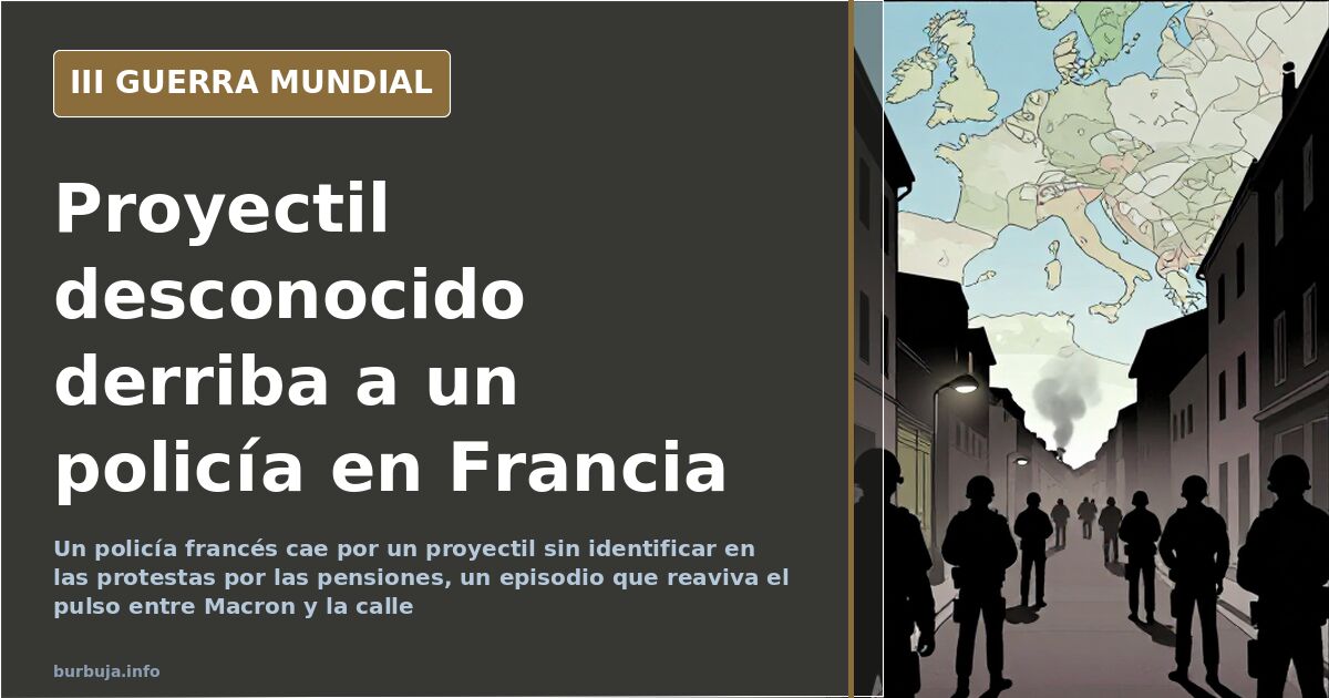 Ilustración sobria de una calle francesa con cordón policial, siluetas y humo al fondo durante las protestas en Francia