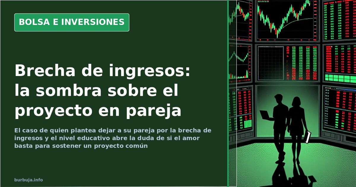Siluetas separadas por una brecha sobre pantalla de gráficos bursátiles, metáfora de la diferencia de ingresos en pareja
