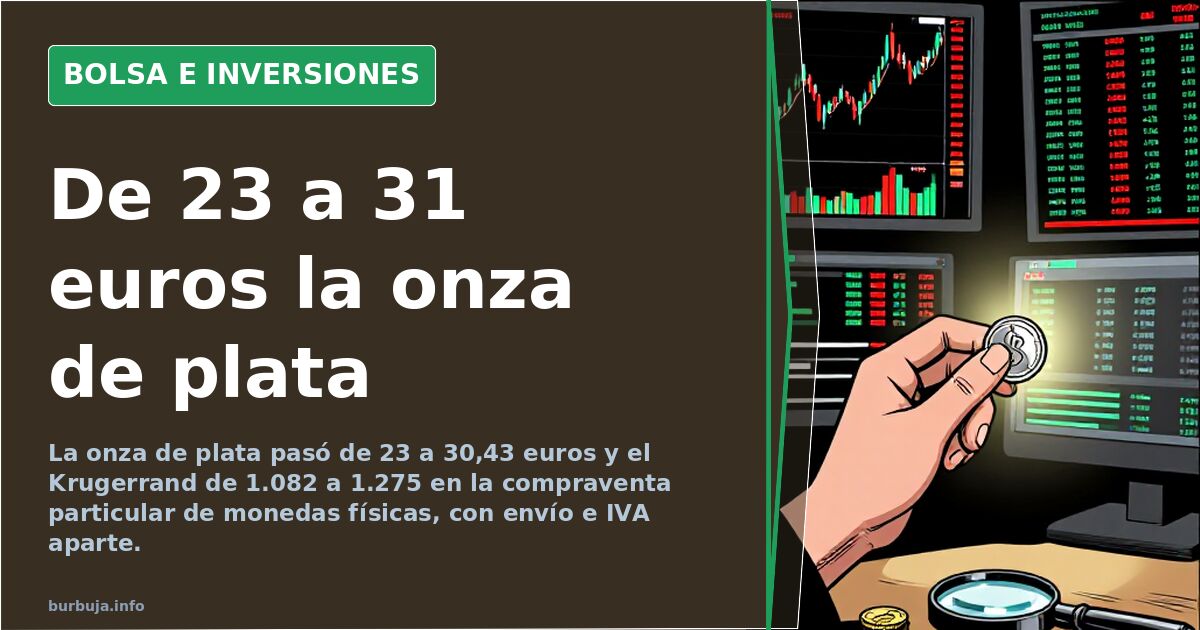Monedas de plata y oro de una onza apiladas junto a la cotización del metal en una pantalla oscura