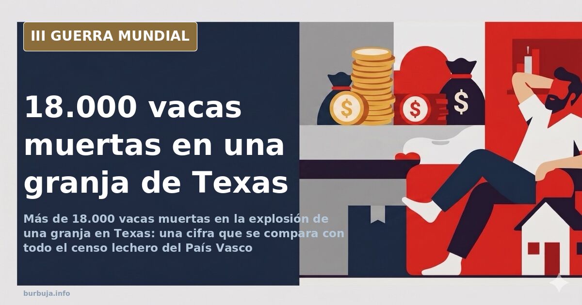 Vista aérea ilustrada de una granja lechera de Texas con naves industriales y humo en el horizonte bajo paleta desaturada