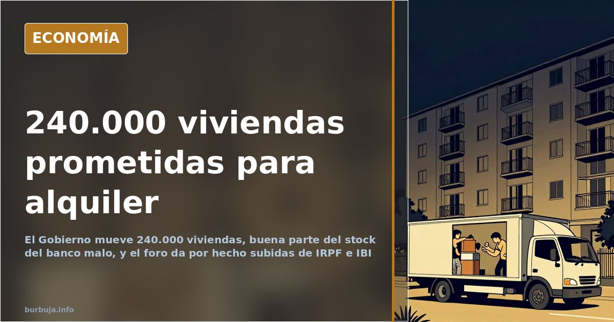 Bloque de viviendas vacías con cartel de alquiler y llaves sobre una mesa en ilustración editorial azul marino y dorado