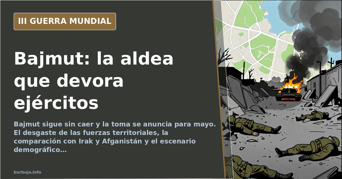 Mapa desaturado de Bajmut con siluetas de artillería y humo lejano en el horizonte, en plena batalla de Bajmut