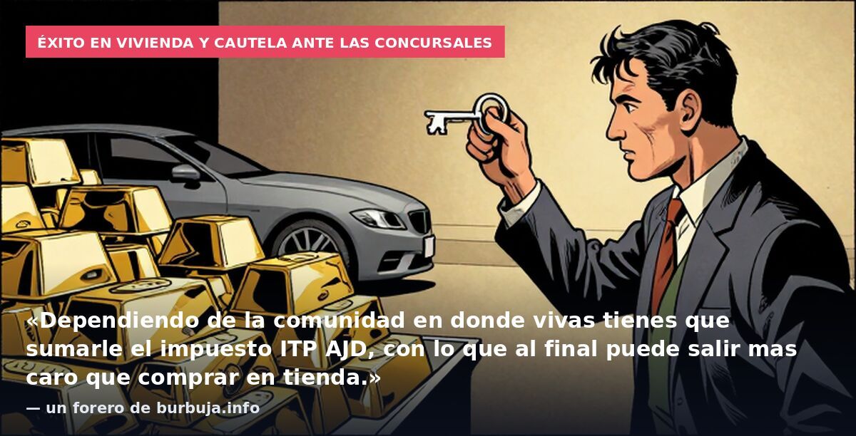 Éxito en vivienda y cautela ante las concursales: «Dependiendo de la comunidad en donde vivas tienes que sumarle el impuesto ITP AJD, con lo que al final puede salir mas caro que comprar en tienda.» — un forero de burbuja.info