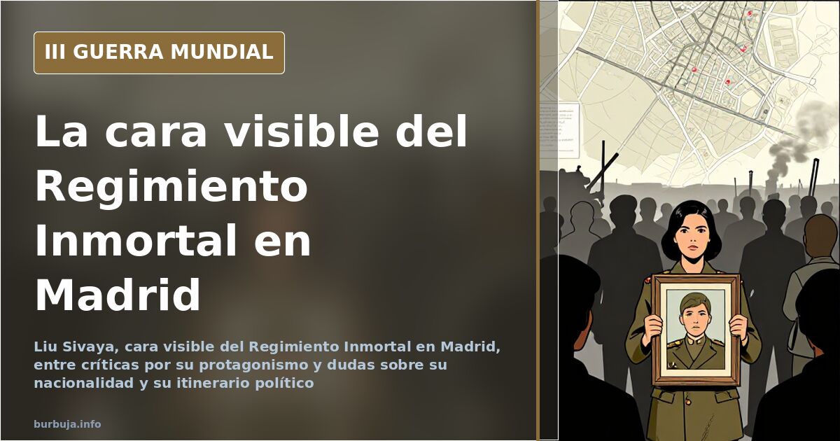 Marcha del Regimiento Inmortal en Madrid con banderas rojas y retratos de combatientes soviéticos portados por asistentes