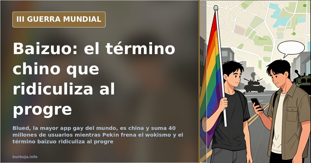 Silueta de una ciudad china al atardecer frente al término baizuo usado para ridiculizar al progresismo occidental