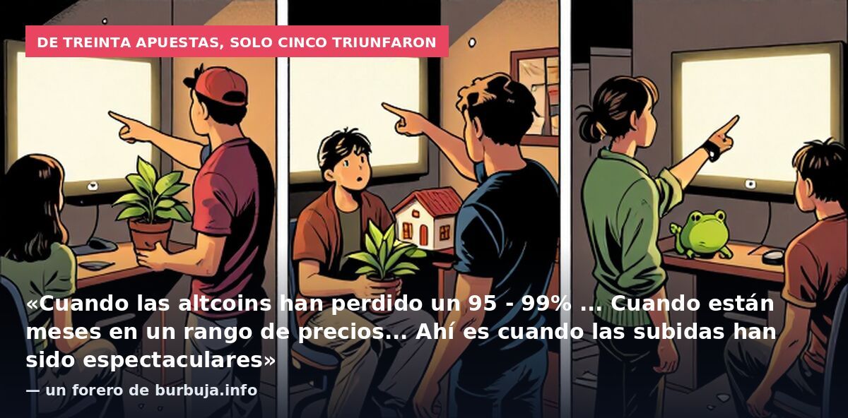 De treinta apuestas, solo cinco triunfaron: «Cuando las altcoins han perdido un 95 - 99% ... Cuando están meses en un rango de precios... Ahí es cuando las subidas han sido espectaculares» — un forero de burbuja.info