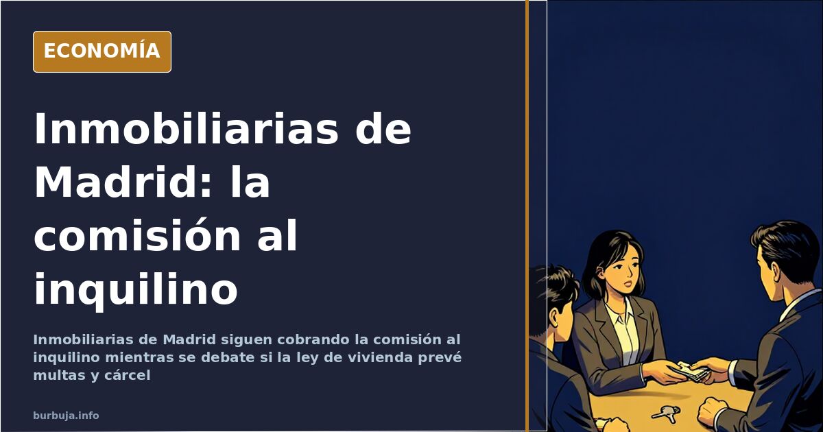 Vista de una calle de Madrid con carteles de alquiler en los balcones y edificios de viviendas, en ilustración editorial sobr