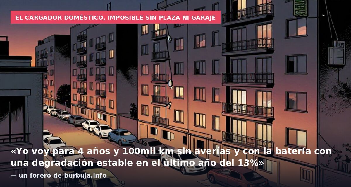 El cargador doméstico, imposible sin plaza ni garaje: «Yo voy para 4 años y 100mil km sin averías y con la batería con una degradación estable en el último año del 13%» — un forero de burbuja.info