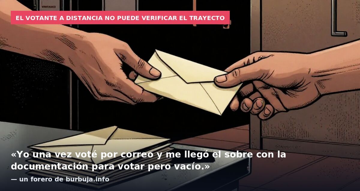 El votante a distancia no puede verificar el trayecto: «Yo una vez voté por correo y me llegó el sobre con la documentación para votar pero vacío.» — un forero de burbuja.info