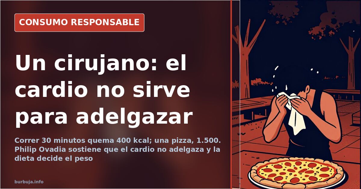 Persona corriendo en una cinta de gimnasio junto a una pizza, ilustración sobre el cardio y la dieta para adelgazar