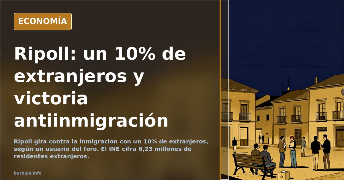 Municipio catalán de tejados y campanario al atardecer, con gráficos que ilustran la inmigración en Ripoll