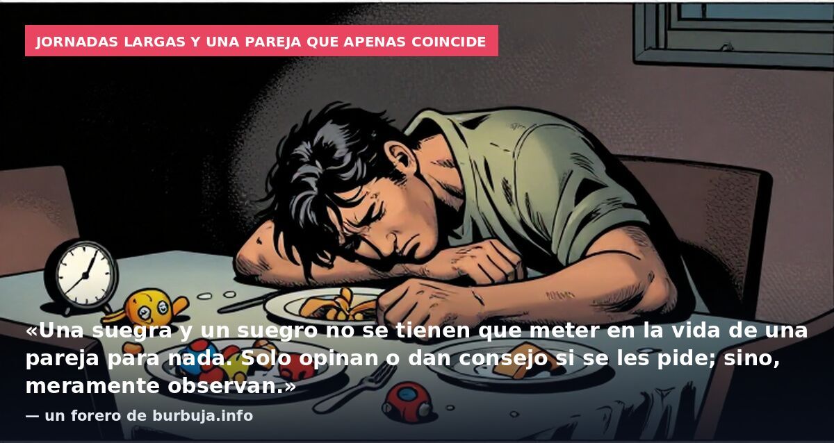 Jornadas largas y una pareja que apenas coincide: «Una suegra y un suegro no se tienen que meter en la vida de una pareja para nada. Solo opinan o dan consejo si se les pide; sino, meramente observan.» — un forero de burbuja.info