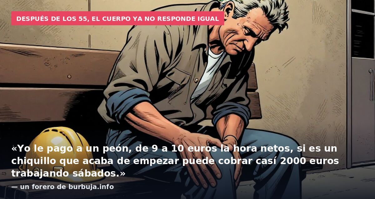 Después de los 55, el cuerpo ya no responde igual: «Yo le pago a un peón, de 9 a 10 euros la hora netos, si es un chiquillo que acaba de empezar puede cobrar casí 2000 euros trabajando sábados.» — un forero de burbuja.info