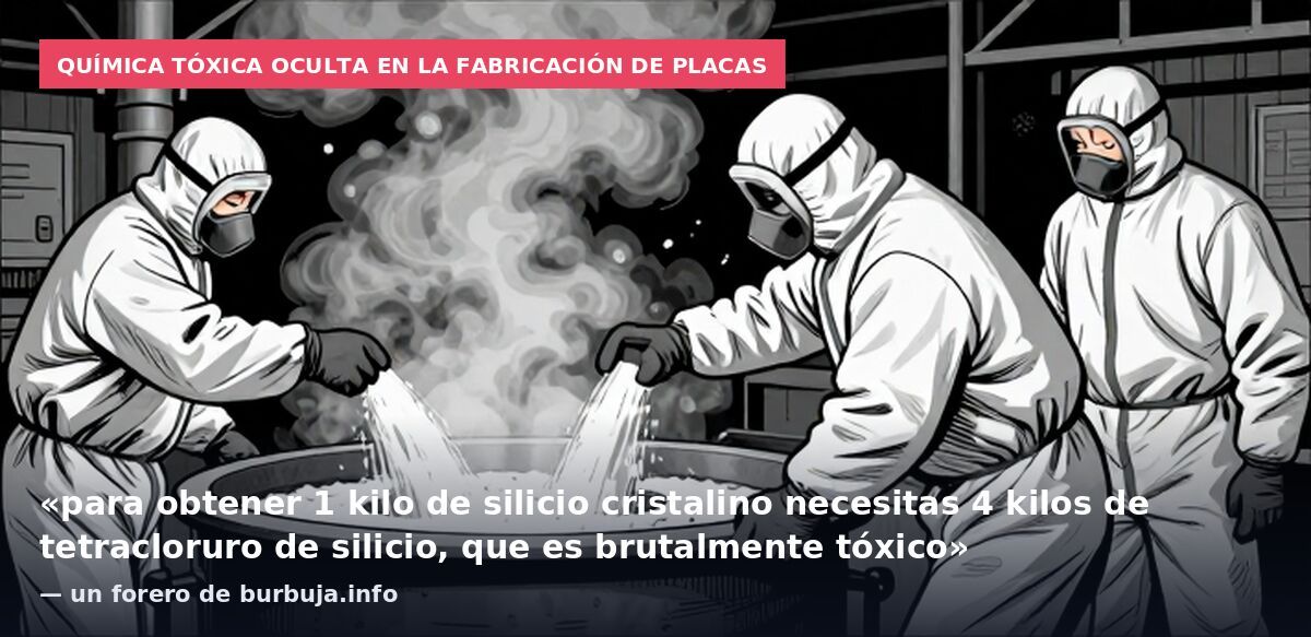 Química tóxica oculta en la fabricación de placas: «para obtener 1 kilo de silicio cristalino necesitas 4 kilos de tetracloruro de silicio, que es brutalmente tóxico» — un forero de burbuja.info