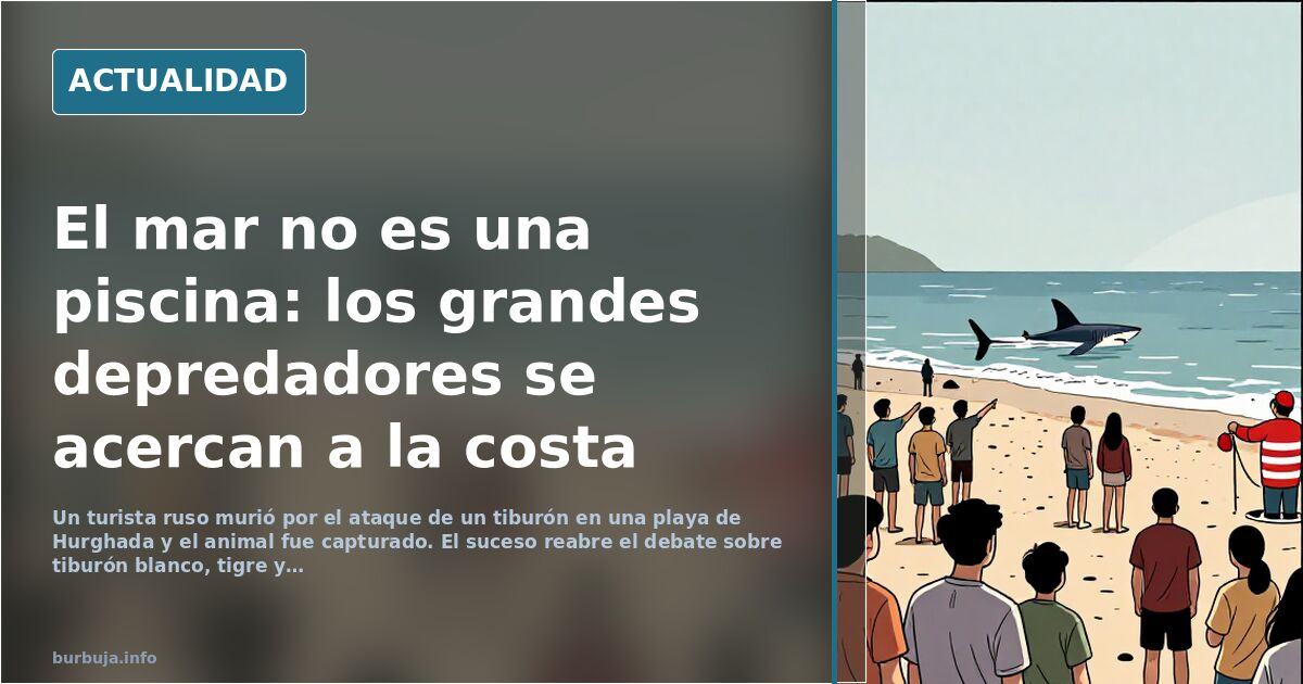 Aleta de un gran tiburón cortando la superficie del mar cerca de una playa, ilustración editorial sobre ataques de tiburón
