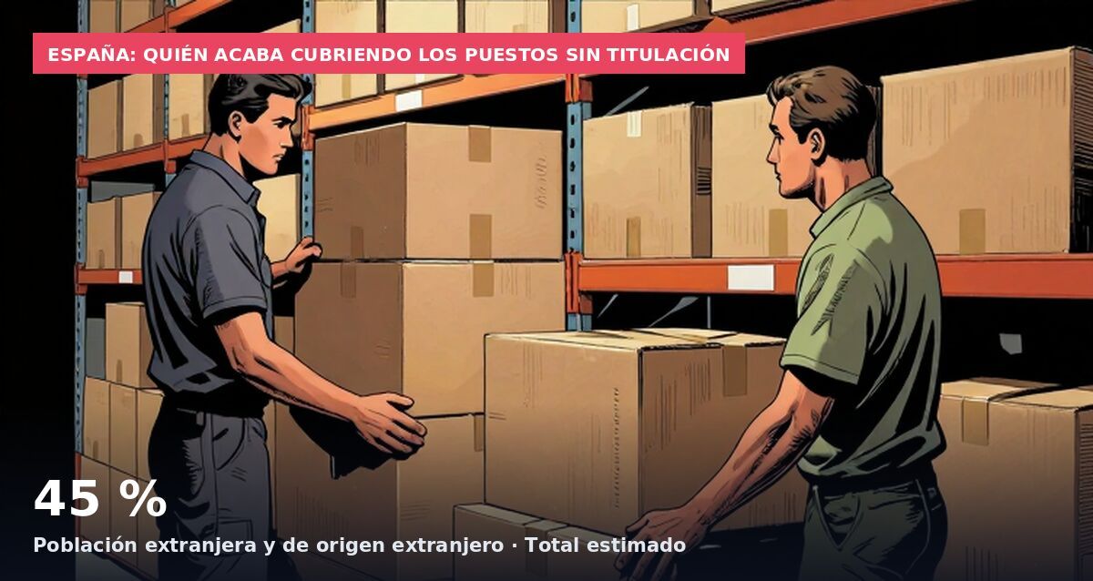 España: quién acaba cubriendo los puestos sin titulación: 45 % Población extranjera y de origen extranjero · Total estimado