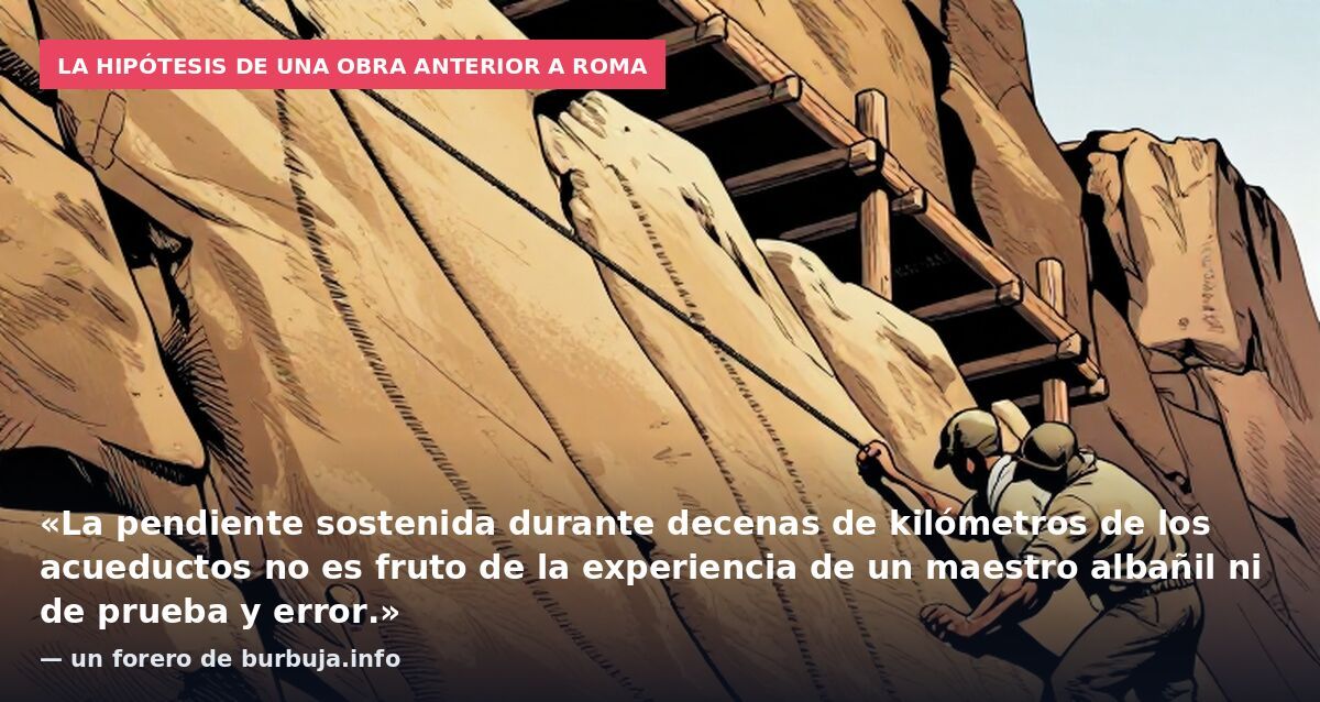 La hipótesis de una obra anterior a Roma: «La pendiente sostenida durante decenas de kilómetros de los acueductos no es fruto de la experiencia de un maestro albañil ni de prueba y error.» — un forero de burbuja.info