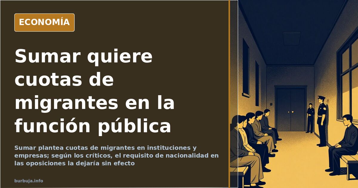Atril con micrófonos en una tribuna institucional junto a un gráfico sobre cuotas de migrantes en la administración pública