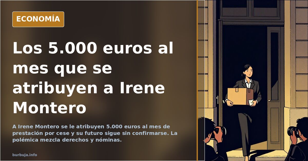 Imagen de Irene Montero en un acto público, con la referencia a los 5.000 euros al mes que se le atribuyen por cese