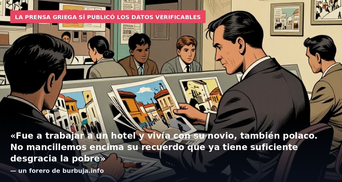 La prensa griega sí publicó los datos verificables: «Fue a trabajar a un hotel y vivía con su novio, también polaco. No mancillemos encima su recuerdo que ya tiene suficiente desgracia la pobre» — un forero de burbuja.info