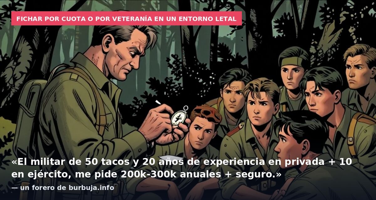 Fichar por cuota o por veteranía en un entorno letal: «El militar de 50 tacos y 20 años de experiencia en privada + 10 en ejército, me pide 200k-300k anuales + seguro.» — un forero de burbuja.info