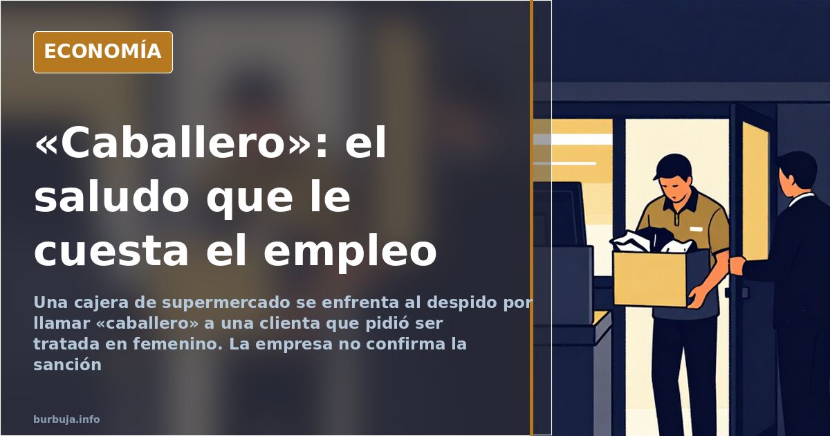 Caja de supermercado con una empleada de uniforme atendiendo a un cliente, ilustración editorial azul marino y dorado sobre d