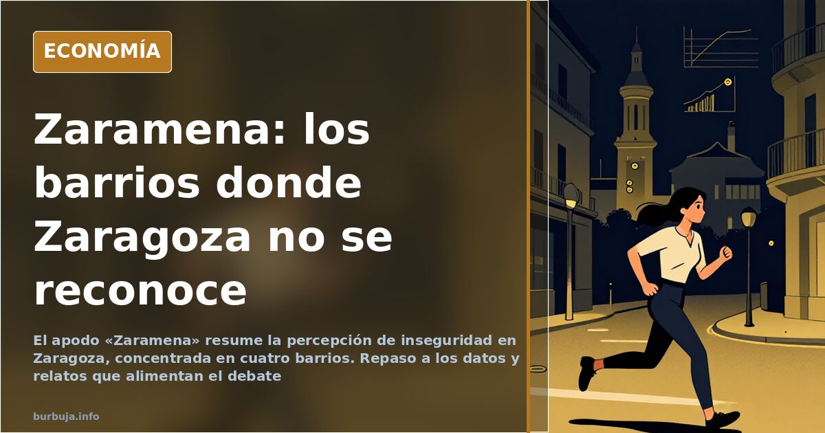 Ilustración editorial sobre la percepción de inseguridad en Zaragoza y el apodo Zaramena, con gráficos y siluetas de barrios