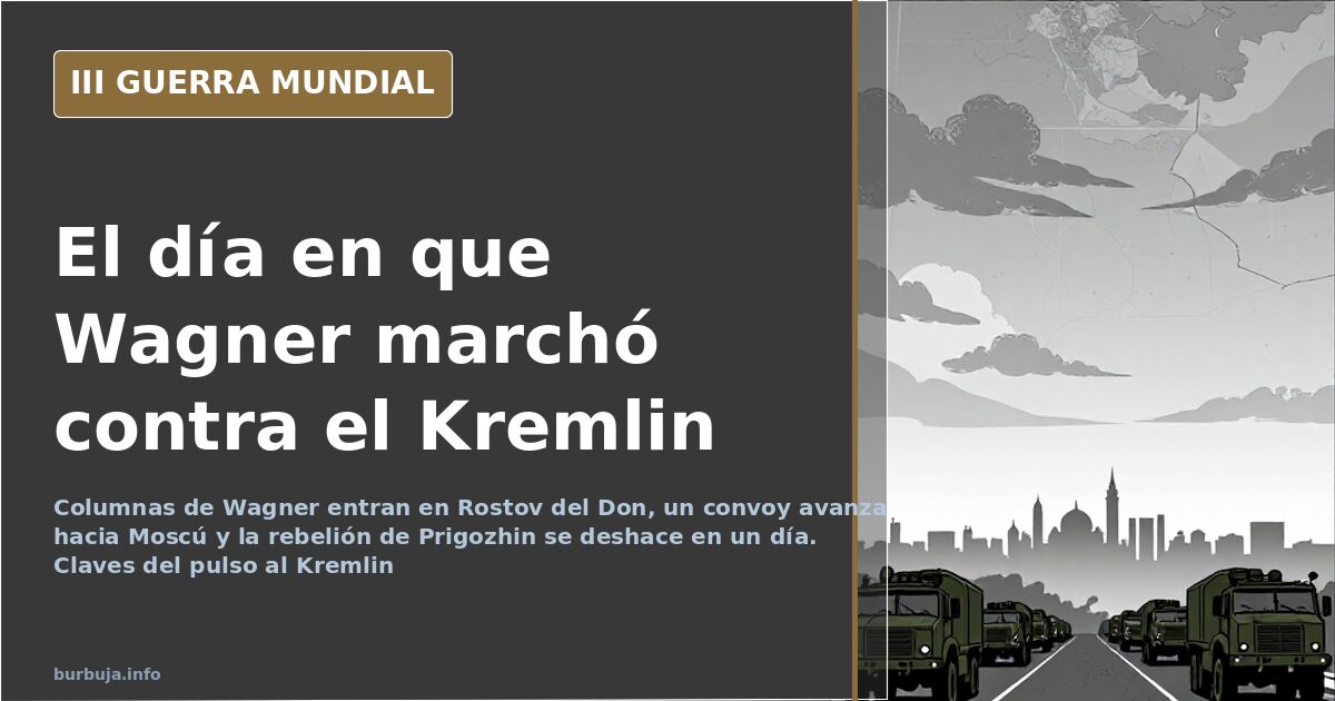Ilustración documental desaturada de columnas de vehículos militares y blindados avanzando por una carretera rusa con humo le