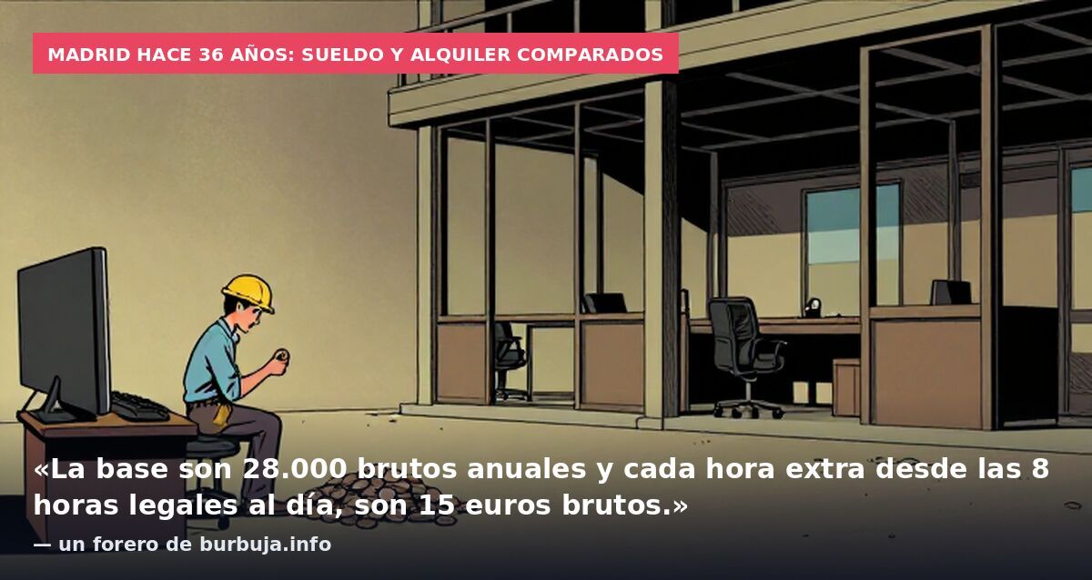 Madrid hace 36 años: sueldo y alquiler comparados: «La base son 28.000 brutos anuales y cada hora extra desde las 8 horas legales al día, son 15 euros brutos.» — un forero de burbuja.info