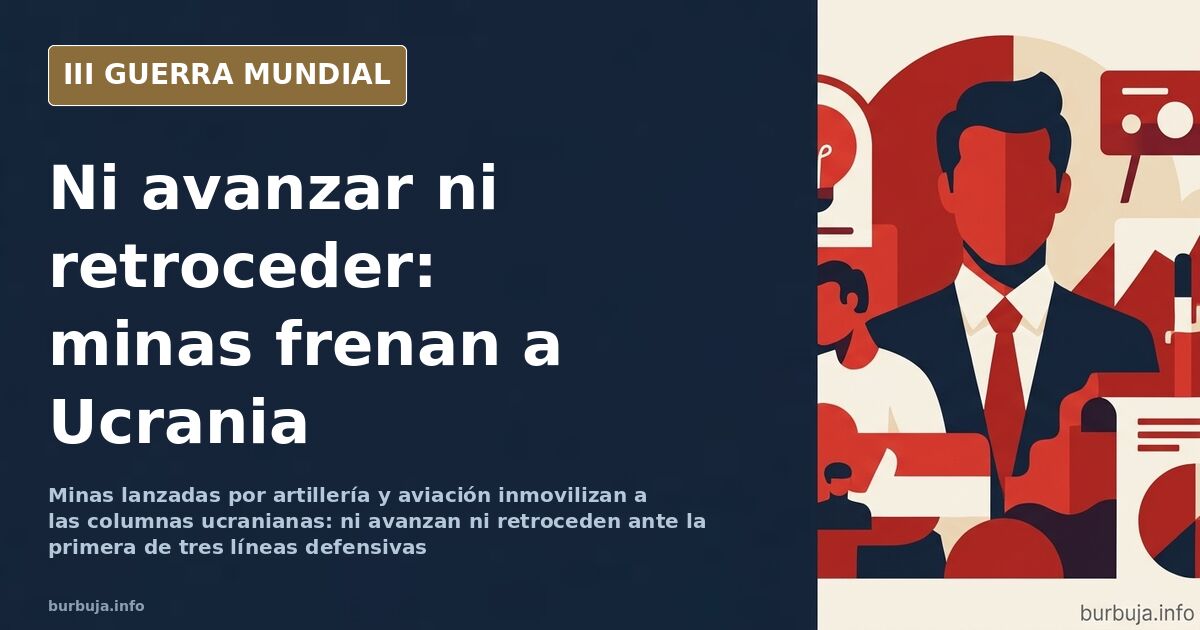 Blindado con rodillos antiminas detenido en un camino junto a un campo de minas, con humo al fondo