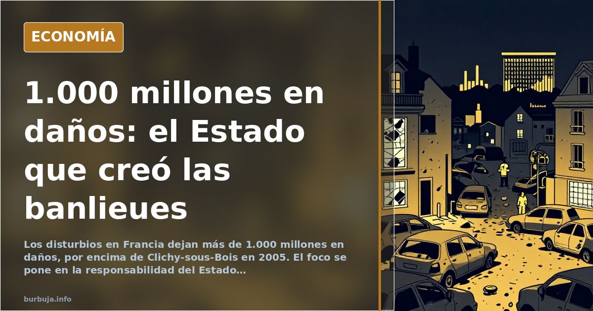 Calle de una banlieue francesa con escaparates destrozados y contenedores quemados durante los disturbios