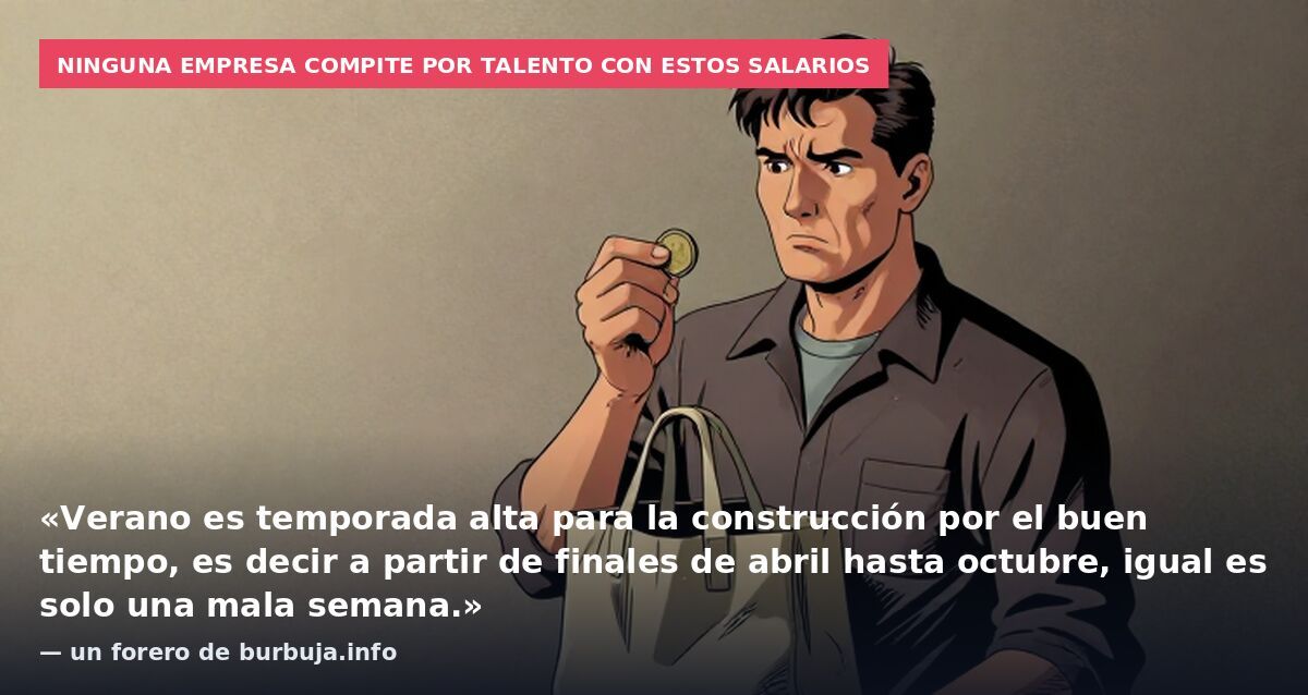 Ninguna empresa compite por talento con estos salarios: «Verano es temporada alta para la construcción por el buen tiempo, es decir a partir de finales de abril hasta octubre, igual es solo una mala semana.» — un forero de burbuja.info