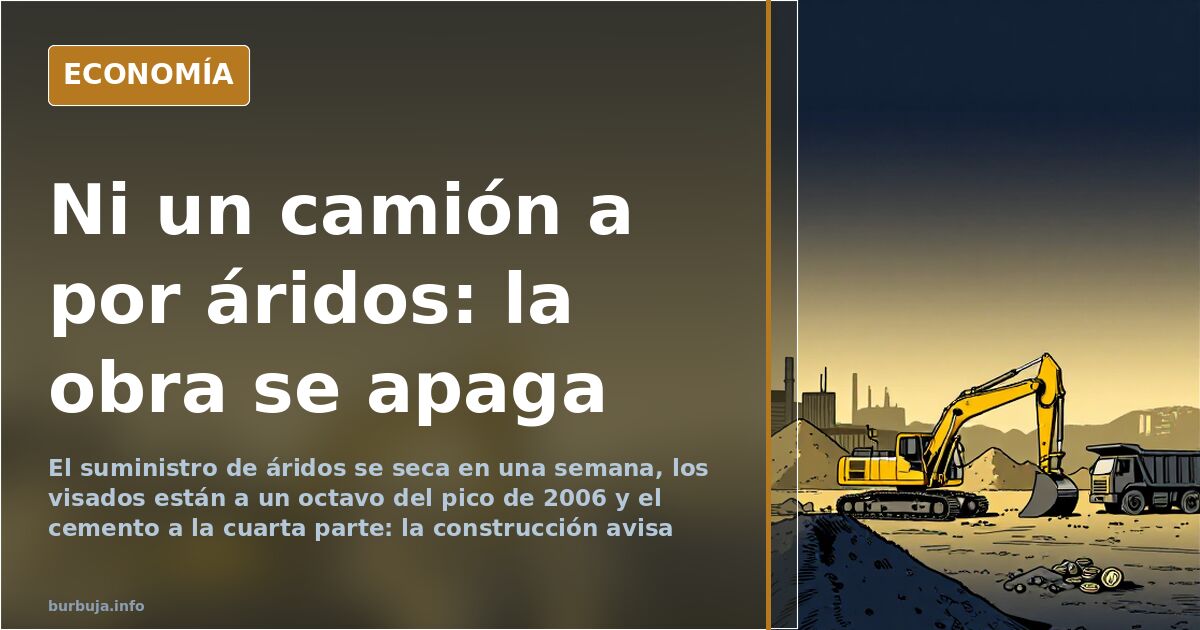Camión de áridos parado en una cantera junto a una gráfica descendente de visados de construcción