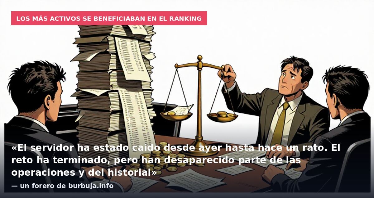 Los más activos se beneficiaban en el ranking: «El servidor ha estado caido desde ayer hasta hace un rato. El reto ha terminado, pero han desaparecido parte de las operaciones y del historial» — un forero de burbuja.info