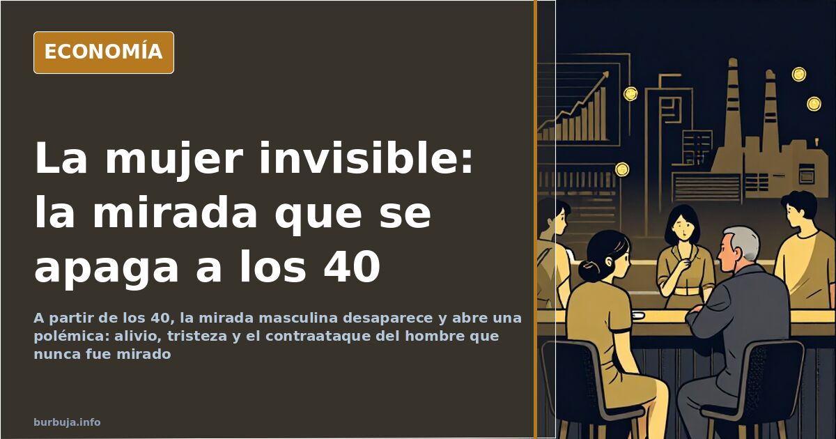 Ilustración editorial de una mujer invisible de mediana edad entre una multitud que no la mira, con gráficos y monedas de fon