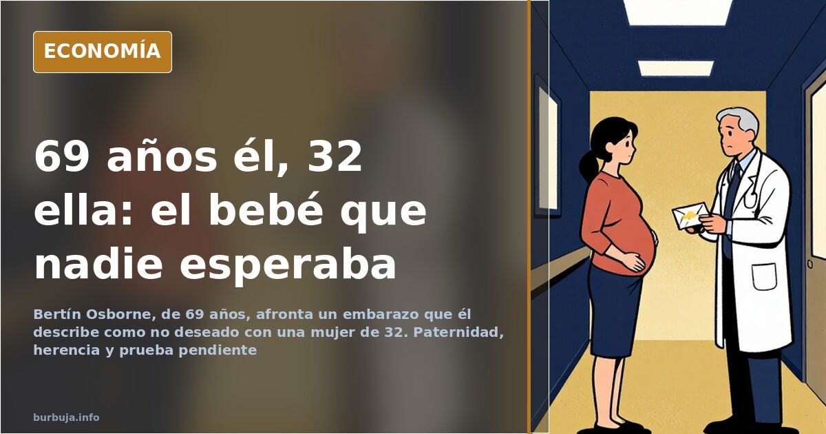 Ilustración editorial sobre el embarazo no deseado a los 69 años: un hombre mayor y una mujer joven en un salón con documento